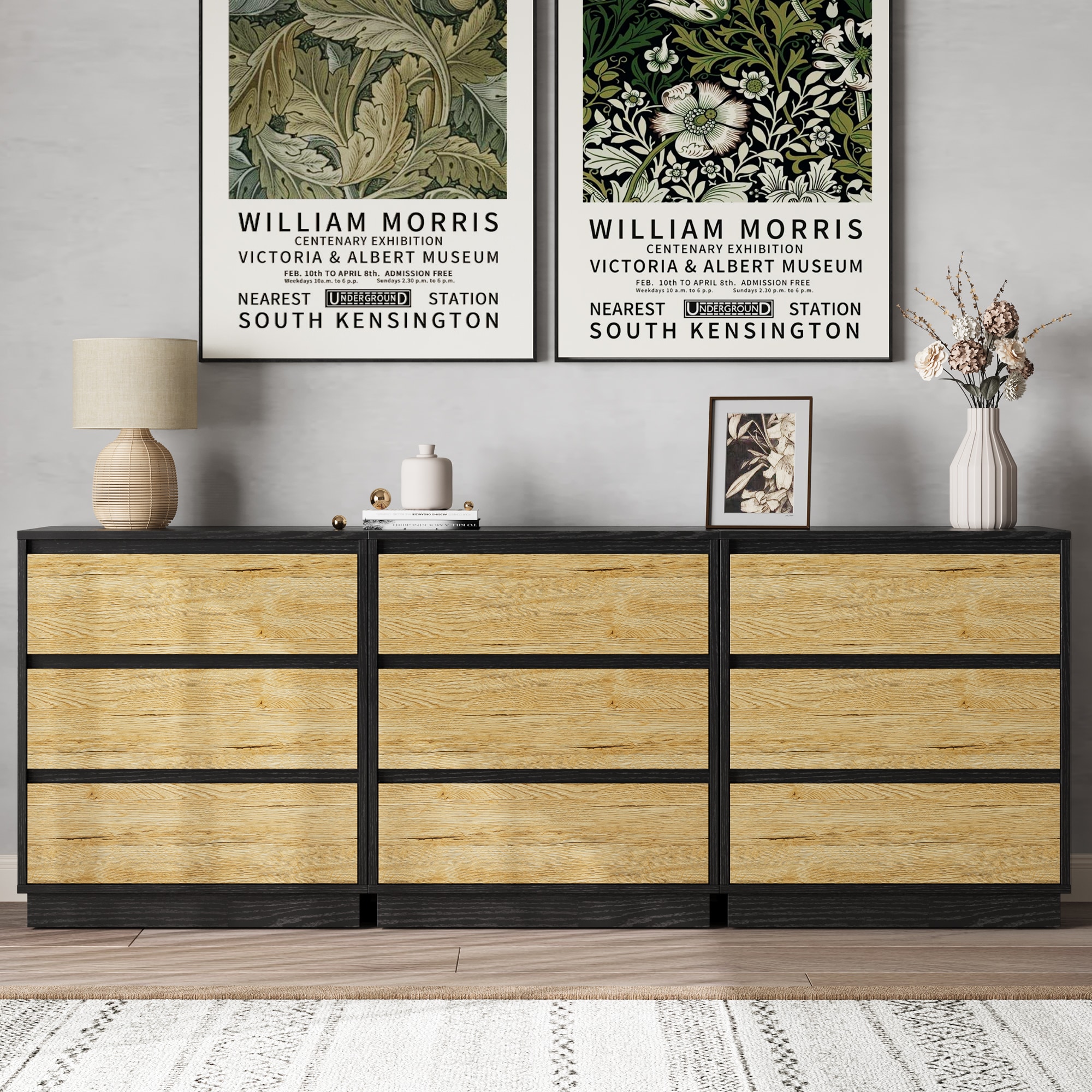 Wide Nightstand With 3 Drawers, Modern Chest Of Drawers For Bedroom, Large End Table With Hidden Pull-out System, Wooden Dresser For Living Room, Closet, Black And Wood_maomaolike.com